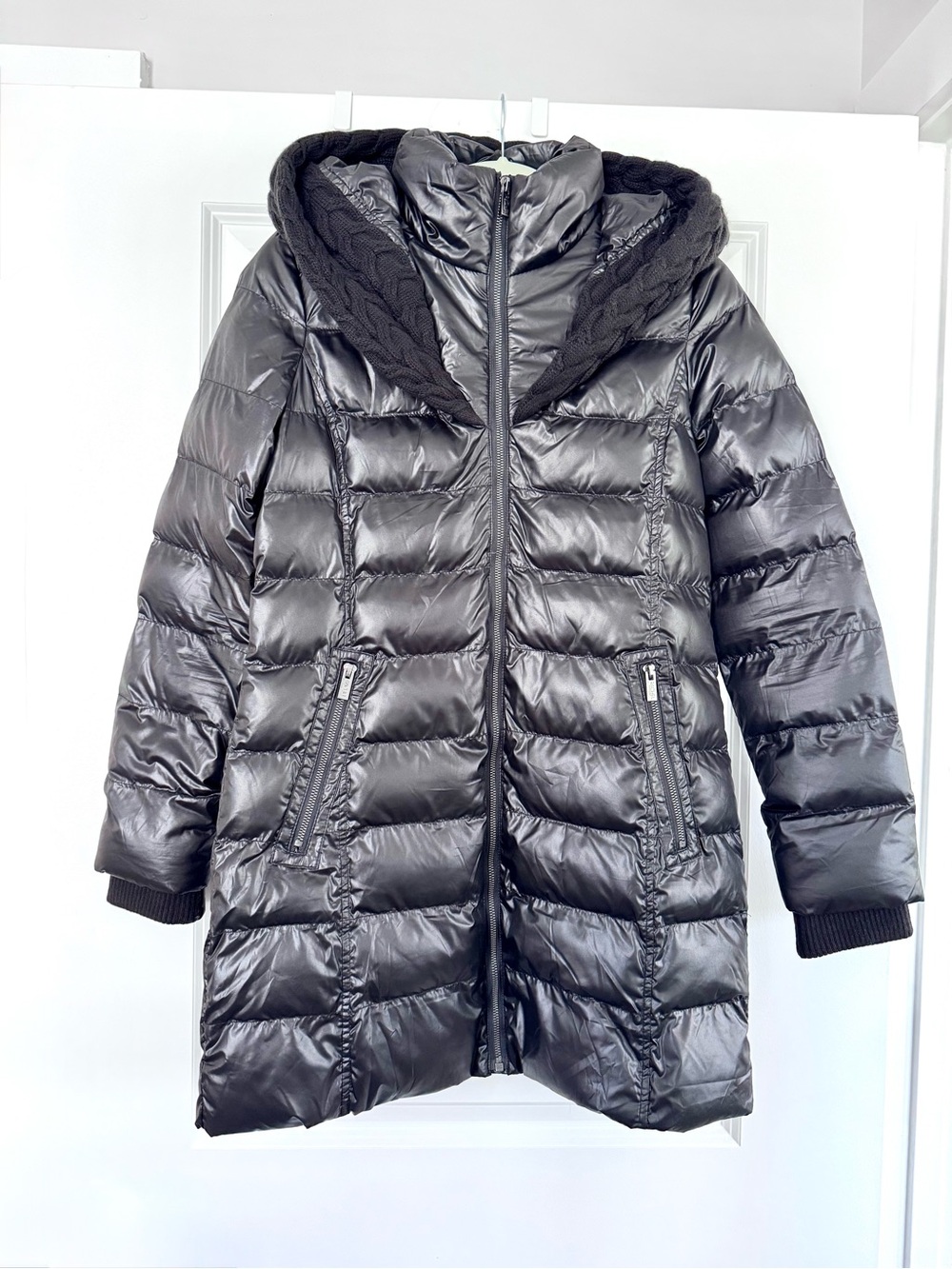 RACHEL Rachel Roy Black Quilted Hood with Knit Trim Puffer Coat - Women, Size XS